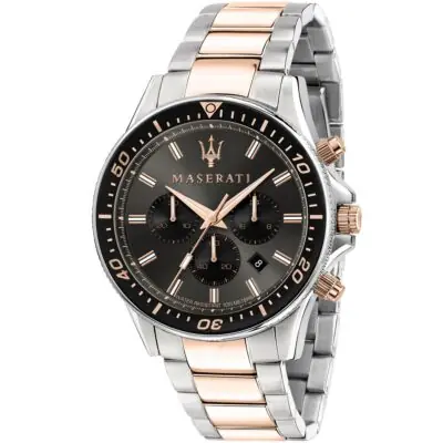 Maserati Watch Men Black Dial Metal Stainless Steel Silver Rose Gold Two Tone Strap Quartz Battery Analog Chronograph Water Resistant 100 Meter Sfida R8873640002