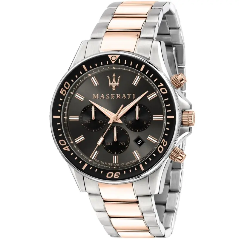 Maserati Watch Men Black Dial Metal Stainless Steel Silver Rose Gold Two Tone Strap Quartz Battery Analog Chronograph Water Resistant 100 Meter Sfida R8873640002