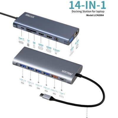Mecer 14 In1 Type C Universal Docking Station W/ Vga X1/ Hdmi X2/ Usb3.0 X3 Usb2.0 X2 Tf&sd/ Rj45 X1/ Audio Jack X1/pd Support 100w & Data/ Cable Length 15cm.