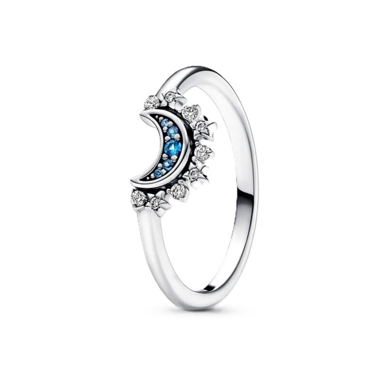 Celestial moon sterling silver ring with night blue crystal and clear cubic zirconia Women's