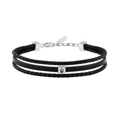 Maserati Jewels Silver Stainless Steel With Black Recycled Leather Bracelet JM525AVE32 For Men