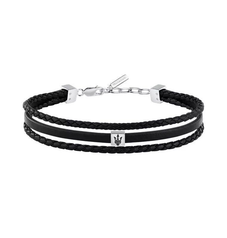 Maserati Jewels Silver Stainless Steel With Black Recycled Leather Bracelet JM525AVE32 For Men