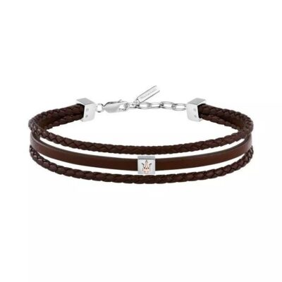 Maserati Jewels Silver Stainless Steel With Brown Recycled Leather Bracelet JM525AVE33 For Men
