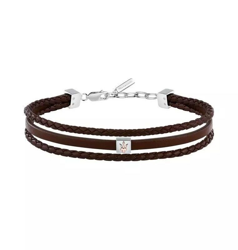 Maserati Jewels Silver Stainless Steel With Brown Recycled Leather Bracelet JM525AVE33 For Men