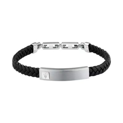 Maserati Jewels Silver Stainless Steel With Black Recycled Leather Bracelet JM525AVE34 For Men