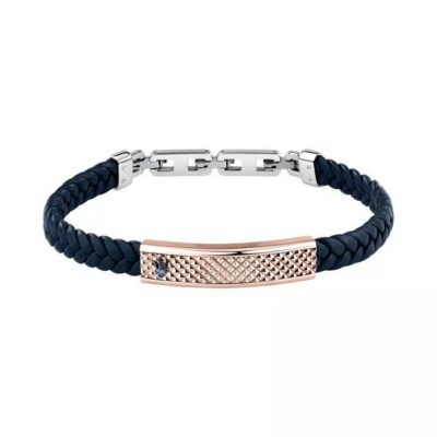 Maserati Jewels Silver And Rose Gold Stainless Steel With Blue Recycled Leather Bracelet JM525AVE35 For Men