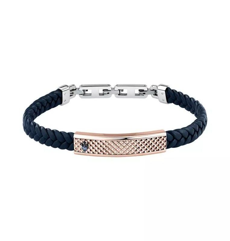 Maserati Jewels Silver And Rose Gold Stainless Steel With Blue Recycled Leather Bracelet JM525AVE35 For Men