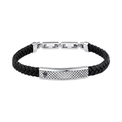 Maserati Jewels Silver Stainless Steel With Black Recycled Leather Bracelet JM525AVE36 For Men
