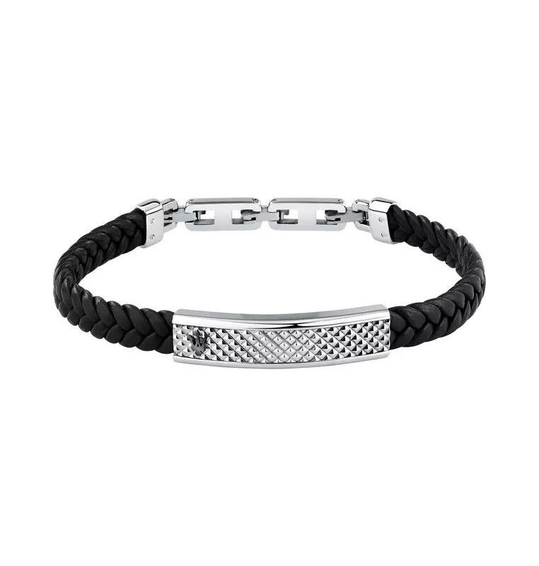 Maserati Jewels Silver Stainless Steel With Black Recycled Leather Bracelet JM525AVE36 For Men