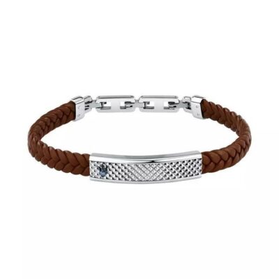 Maserati Jewels Silver Stainless Steel With Brown Recycled Leather Bracelet JM525AVE37 For Men