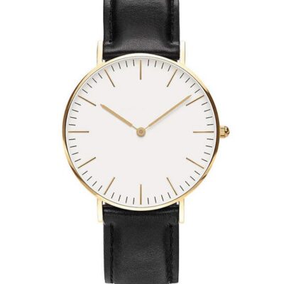 DACQA 42MM Genuine Faux Leather Strap Watch with Gold Case – 4526