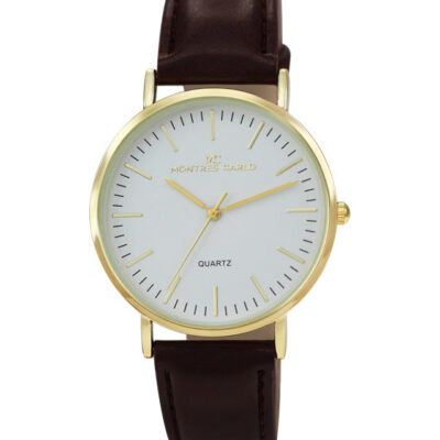 DACQA Faux Leather Band Watch – Gold/White/Brown