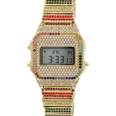 DACQA Iced Retro LCD Watch – Special – Gold/Rainbow