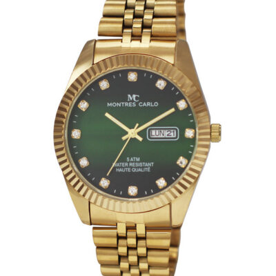 DACQA Metal Band Day and Date Watch – Gold/Green