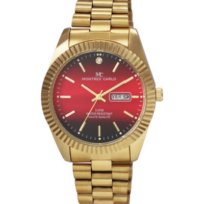 DACQA Metal Band Day and Date Watch – Gold/Red