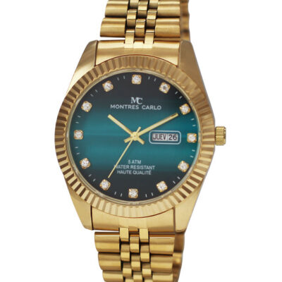 DACQA Metal Band Day and Date Watch – Gold/Teal