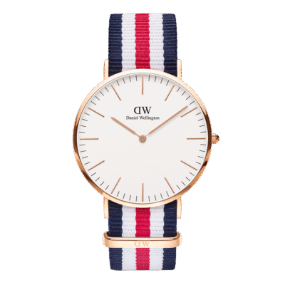 Daniel Wellington Classic Canterbury DW00100002 Unisex 40mm Rose Gold Quartz Watch - White Dial, Multicolour NATO Strap