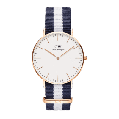 Daniel Wellington Classic Glasgow DW00100004 Unisex 40mm Rose Gold Watch - White Dial, Blue and White NATO Strap