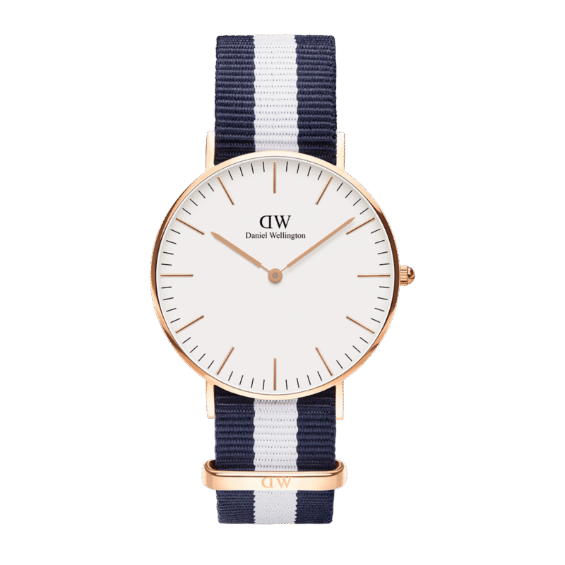 DW00100004 Daniel Wellington Classic Glasgow DW00100004 Unisex 40mm Rose Gold Watch - White Dial, Blue and White NATO Strap
