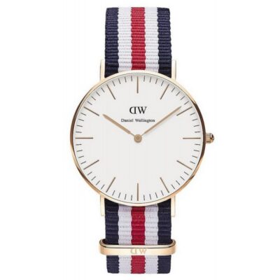 Daniel Wellington Classic Canterbury DW00100030 Women's 36mm Rose Gold Watch - White Dial, Blue Red White NATO Strap