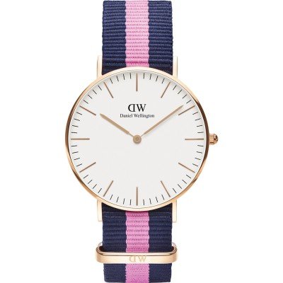 Daniel Wellington Classic Winchester DW00100033 Women's 36mm Rose Gold Quartz Watch - White Dial, Blue and Pink NATO Strap