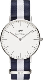 Daniel Wellington Classic Glasgow DW00100047 Women's 36mm Time-Only Quartz Watch - White Dial, Blue and White NATO Strap