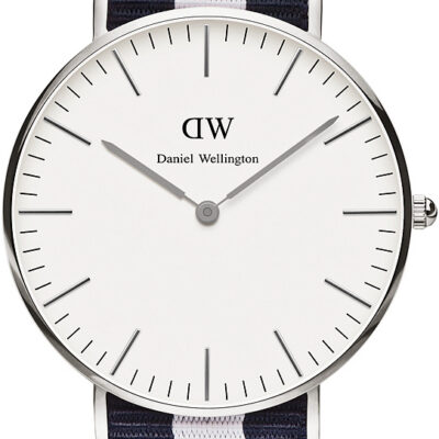 Daniel Wellington Classic Glasgow DW00100047 Women's 36mm Time-Only Quartz Watch - White Dial, Blue and White NATO Strap