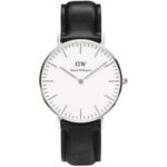 Daniel Wellington Classic Sheffield DW00100053 Women's 36mm Silver Quartz Watch - Eggshell White Dial, Black Leather Strap