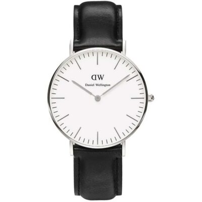 Daniel Wellington Classic Sheffield DW00100053 Women's 36mm Silver Quartz Watch - Eggshell White Dial, Black Leather Strap