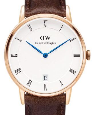 Daniel Wellington Dapper Bristol DW00100094 Women's 34mm Rose Gold Date Watch - White Dial, Brown Leather Strap