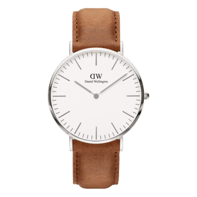 Daniel Wellington Classic Durham DW00100110 Unisex 40mm Slim Silver Quartz Watch - Eggshell White Dial, Brown Leather Strap
