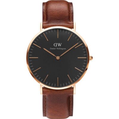 Daniel Wellington Classic St Mawes DW00100124 Unisex 40mm Rose Gold Tone Quartz Watch - Black Dial, Brown Leather Strap