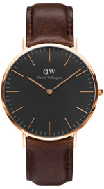 Daniel Wellington Classic Bristol DW00100125 Unisex 40mm Rose Gold Analogue Watch - Black Dial, Dark Brown Leather Strap
