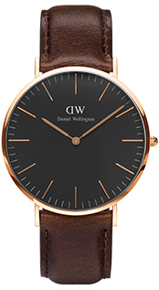 Daniel Wellington Classic Bristol DW00100125 Unisex 40mm Rose Gold Analogue Watch - Black Dial, Dark Brown Leather Strap