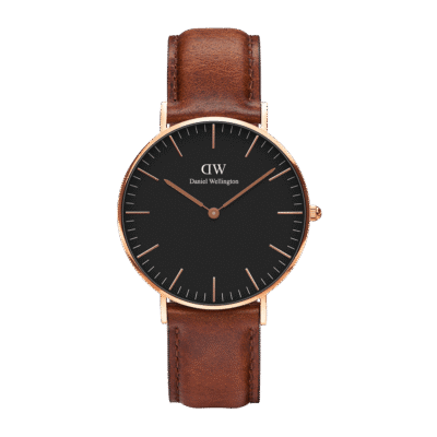 Daniel Wellington Classic St Mawes DW00100136 Women's 36mm Rose Gold Slim Quartz Watch - Black Dial, Brown Embossed Leather Strap