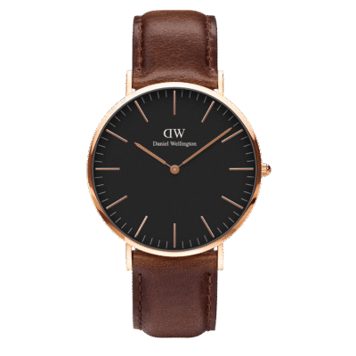 Daniel Wellington Classic Bristol DW00100137 Women's 36mm Rose Gold Slim Quartz Watch - Black Dial, Dark Brown Leather Strap