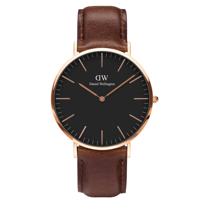 Daniel Wellington Classic Bristol DW00100137 Women's 36mm Rose Gold Slim Quartz Watch - Black Dial, Dark Brown Leather Strap