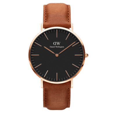 Daniel Wellington Classic Durham DW00100138 Women's 36mm Rose Gold Slim Quartz Watch - Black Dial, Light Brown Leather Strap