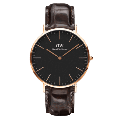 Daniel Wellington Classic York DW00100140 Women's 36mm Rose Gold Slim Quartz Watch - Black Dial, Dark Brown Embossed Leather Strap