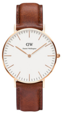 Daniel Wellington Classic Durham DW00100142 Women's 36mm Rose Gold Slim Quartz Watch - Black Dial, Brown Leather Strap