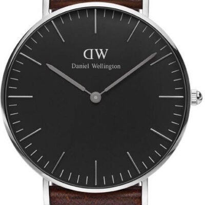 Daniel Wellington Classic Bristol DW00100143 Women's 36mm Silver Slim Quartz Watch - Black Dial, Dark Brown Leather Strap
