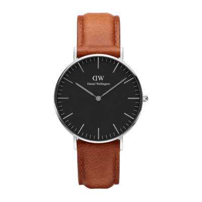 Daniel Wellington Classic Durham DW00100144 Women's 36mm Silver Slim Quartz Watch - Black Dial, Light Brown Leather Strap
