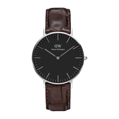 Daniel Wellington Classic York DW00100146 Women's 36mm Silver Slim Quartz Watch - Black Dial, Dark Brown Croc-Embossed Leather Strap