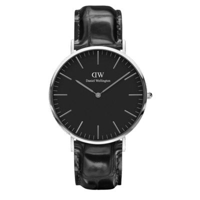 Daniel Wellington Classic Reading DW00100147 Women's 36mm Silver Slim Quartz Watch - Black Dial, Black Croc-Embossed Leather Strap
