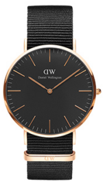 Daniel Wellington Classic Cornwall DW00100148 Unisex 40mm Rose Gold Slim Quartz Watch - Black Dial, Black Polyester Nato-Style Strap