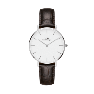 Daniel Wellington Classic Petite York DW00100188 Women's 32mm Silver Quartz Watch - Eggshell White Dial, Dark Brown Leather Strap