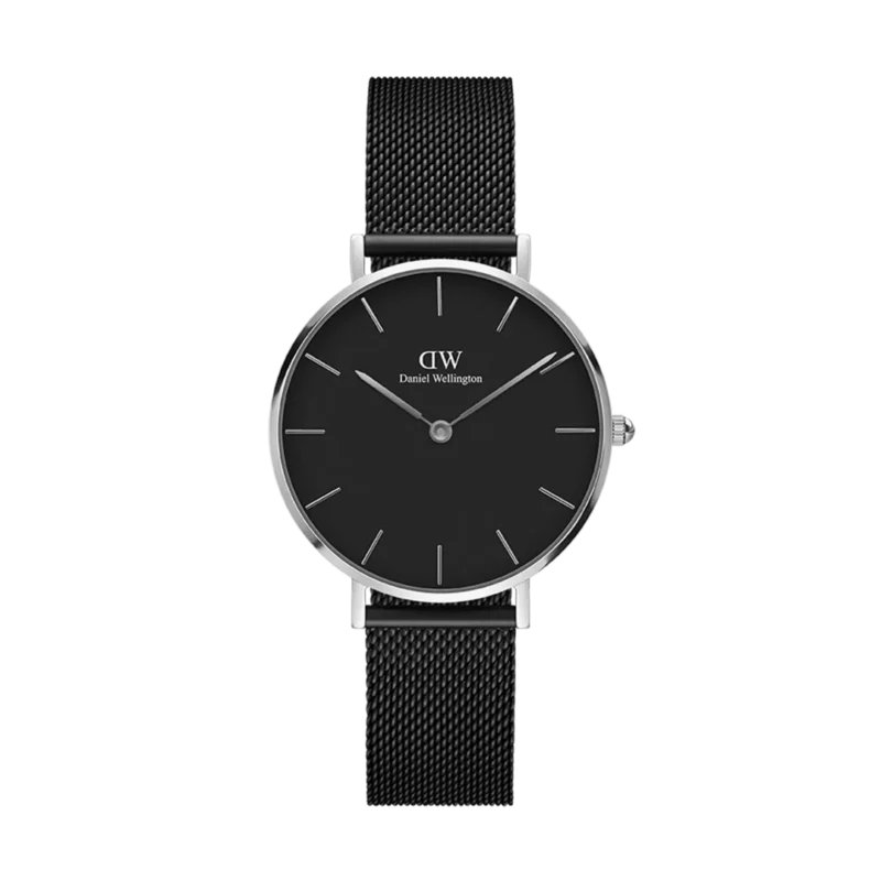 Daniel Wellington Petite Ashfield 32mm Women's Watch - Silver with Black Dial & Black Mesh Strap (DW00100202)
