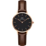Daniel Wellington Classic Petite Bristol DW00100221 Women's 28mm Rose Gold Quartz Watch - Black Dial, Brown Leather Strap