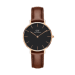 Daniel Wellington Classic Petite St Mawes DW00100225 Women's 28mm Rose Gold Quartz Watch - Black Dial, Brown leather Strap