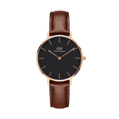 Daniel Wellington Classic Petite St Mawes DW00100225 Women's 28mm Rose Gold Quartz Watch - Black Dial, Brown leather Strap